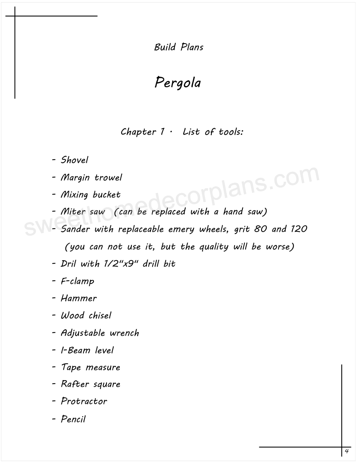 List of tools 10 x 10 pergola plans