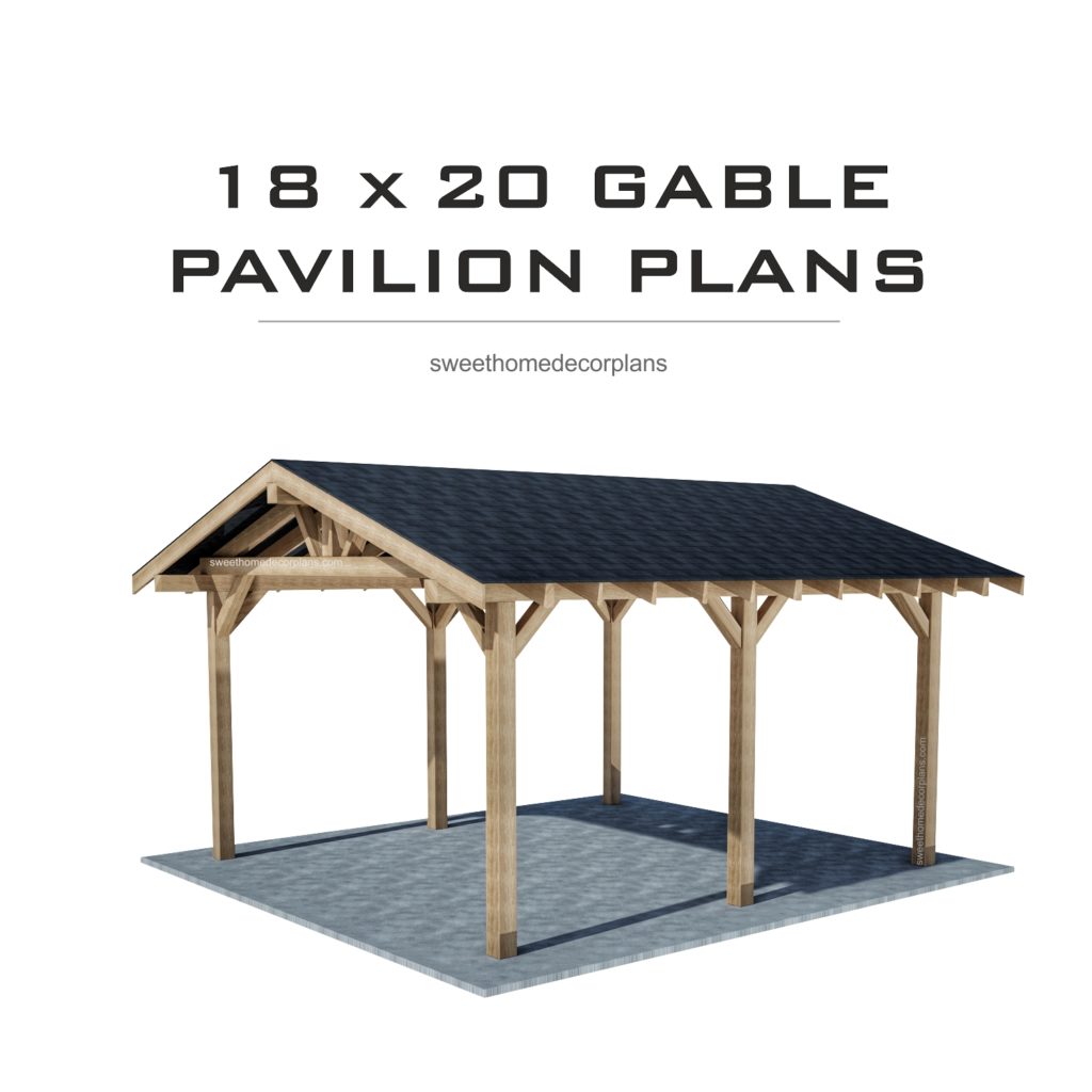 DIY 18 x 20 gable pavilion plans. Covered carport plans. Wooden gazebo plans. Timber frame backyard open garage plans in PDF