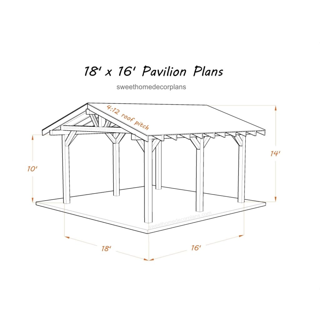 DIY 18 x 16 gable pavilion plans. Covered carport plans. Wooden gazebo plans. Timber frame
