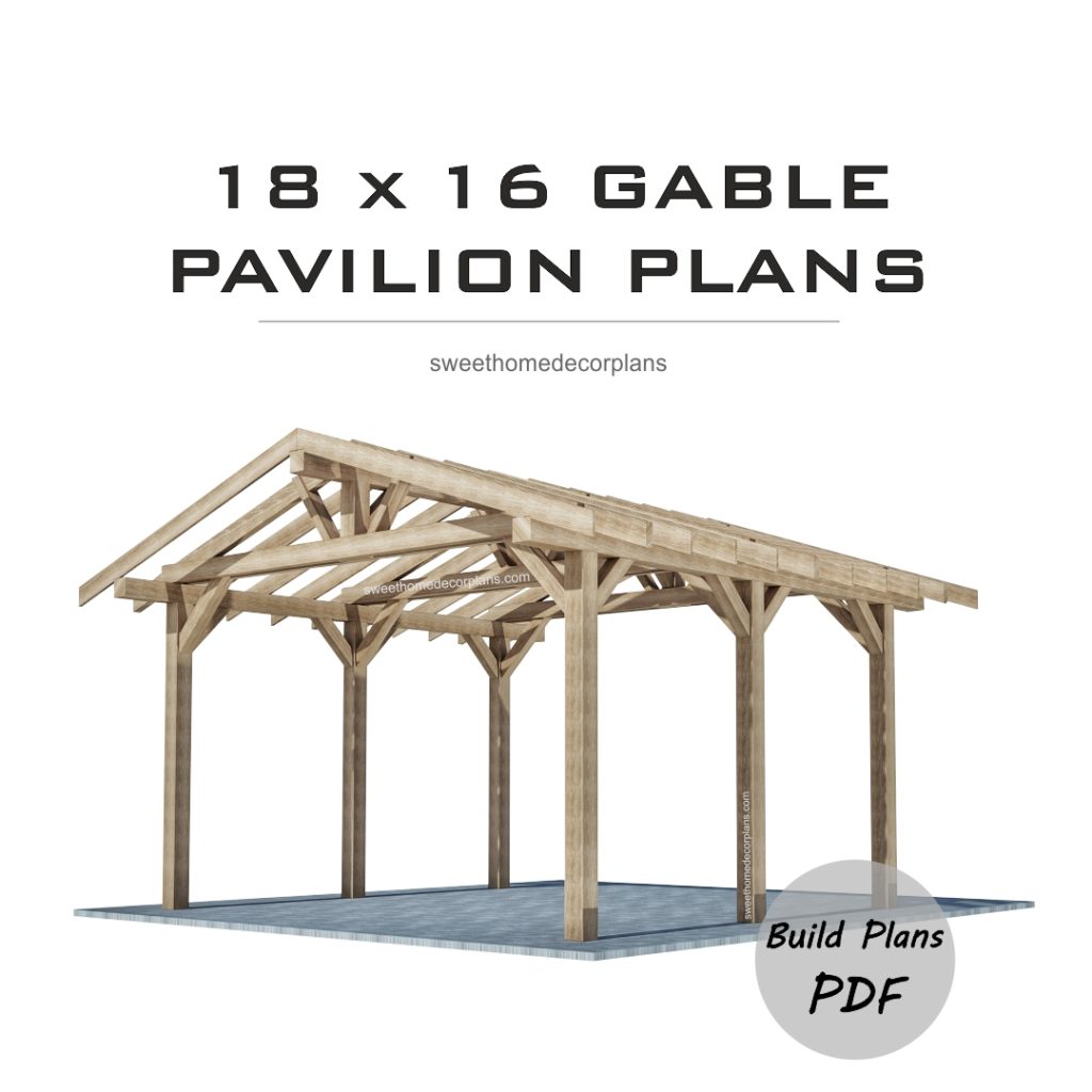 DIY 18 x 16 gable pavilion plans. Covered carport plans. Wooden gazebo plans. Timber frame backyard open garage plans in PDF.